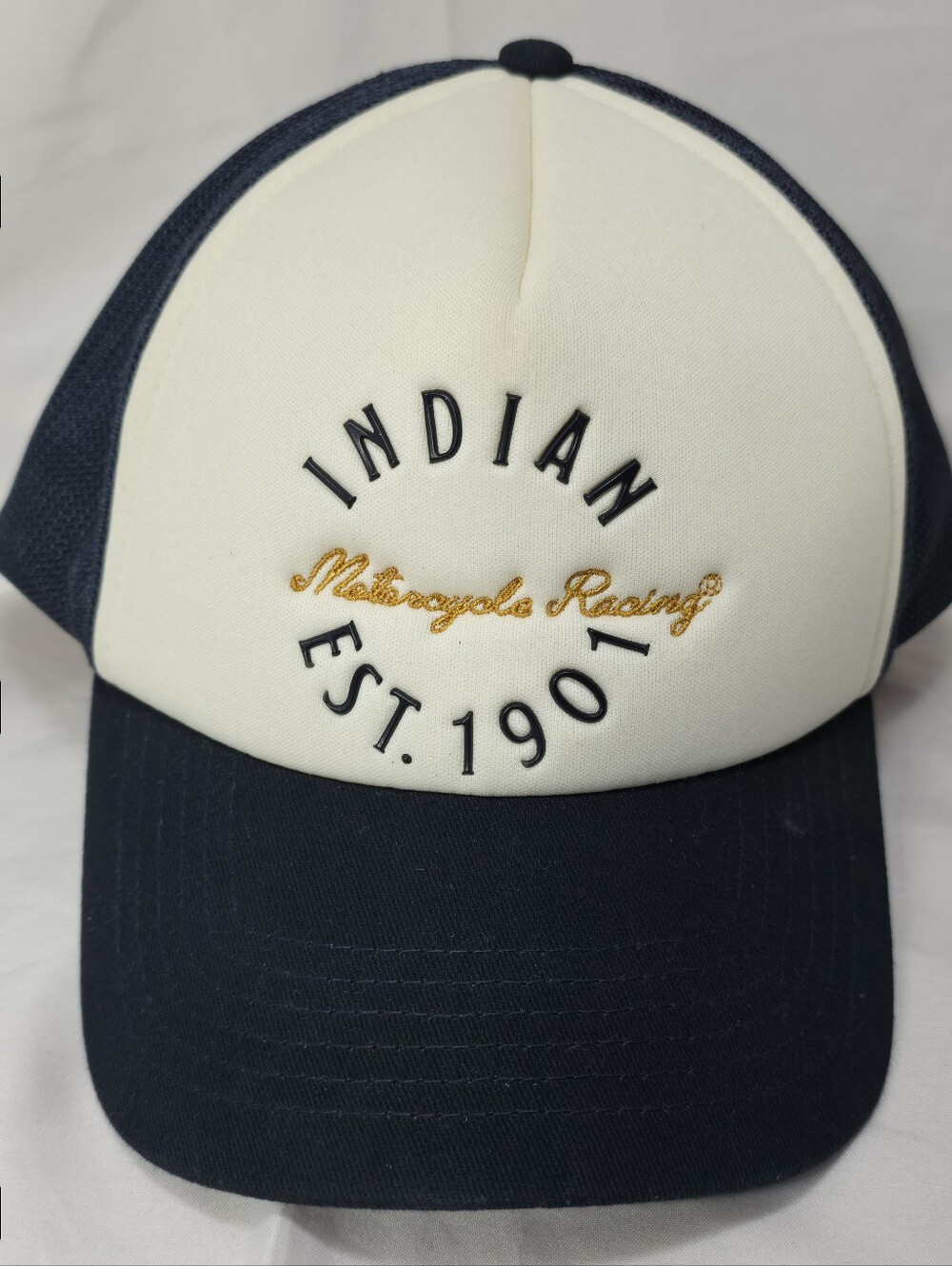 Indian Motorcycle Racing Navy and Cream Trucker Cap